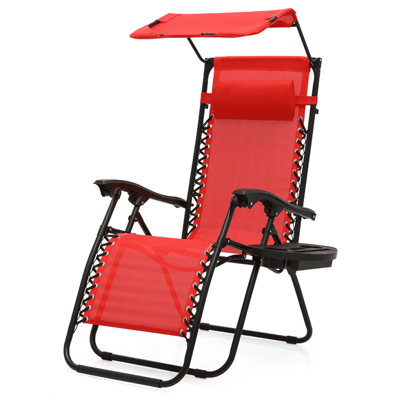 OSM 1-Pack Zero Gravity Reclining Lounge Chairs with Canopy, Portable Folding Patio Loungers with Removable Cup Holder Side Tray and Pillow Headrest for Outdoor, Beach, Camping, Red