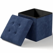 OSM 15 Inches Small Folding Storage Ottoman Cube, Storage Footrest, Foot Rest Stool, Toy Box, for Living Room, Bedroom, Dorm, Hallway, Entryway, Navy Blue