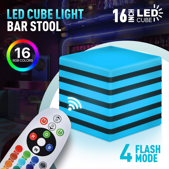 OSM 16-Inch Waterproof Rechargeable LED Cube Chair with Striped Design, Remote Control & Dimmable Mood Lighting - Cordless Glow Seat for Patio, Pool, Garden, Party, Bar, 16 Color Changing