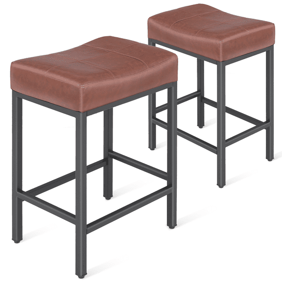 OSM 2-Pack 26.5 Inch Counter Height Bar Stools, PU Leather Saddle Stools with Metal Base & Footrest for Kitchen Island, Bar, Dining Room, Reddish Brown