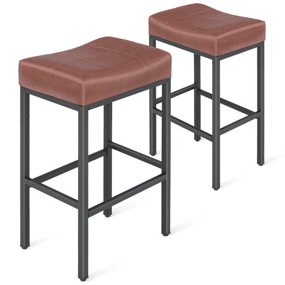 OSM 2-Pack 31.5 Inch Counter Height Bar Stools, PU Leather Saddle Stools with Metal Base & Footrest for Kitchen Island, Bar, Dining Room, Reddish Brown