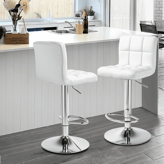 OSM 2-Pack Adjustable Swivel Bar Stools, Modern PU Leather Square Barstools with Back for Kitchen Island Pub Counter, White/Chrome Stand