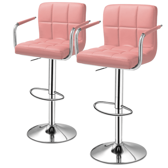 OSM 2-Pack Swivel Bar Stools with Back & Armrests, Adjustable Height Counter Stool, Modern Faux Leather Kitchen Barstool Set, Pink