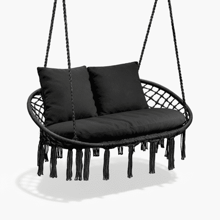 OSM 2-Seat Macrame Hammock Chair with Plush Cushion, Indoor Outdoor Hanging Boho Swing for Patio Porch Living Room, High Weight Capacity, Black