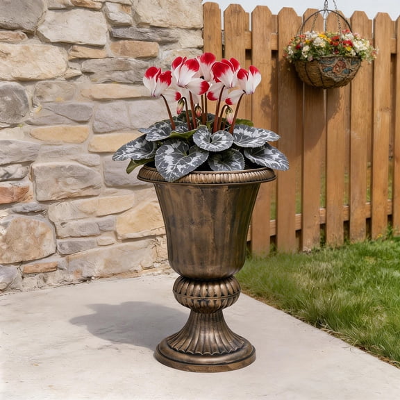 OSM 20-Inch Plastic Urn Planter Vase, Vintage Decorative Roman Flower Pot for Outdoor and Indoor Plants, Garden, Patio, Front Porch, Entryway Decor (Antique Brass)