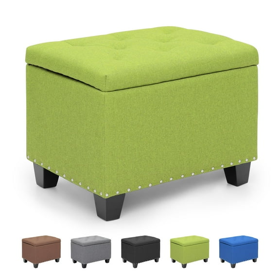 OSM 24 Inch Modern Storage Ottoman Bench, 40L Inner Space Linen Foot Stool for Bedroom, Upholstered Padded Rectangular Fabric Tufted Bench Footrest with Wood Legs with 600 Lbs Capacity, Green