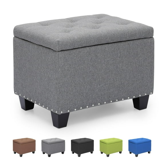 OSM 24 Inch Modern Storage Ottoman Bench, 40L Inner Space Linen Foot Stool for Bedroom, Upholstered Padded Rectangular Fabric Tufted Bench Footrest with Wood Legs with 600 Lbs Capacity, Gray