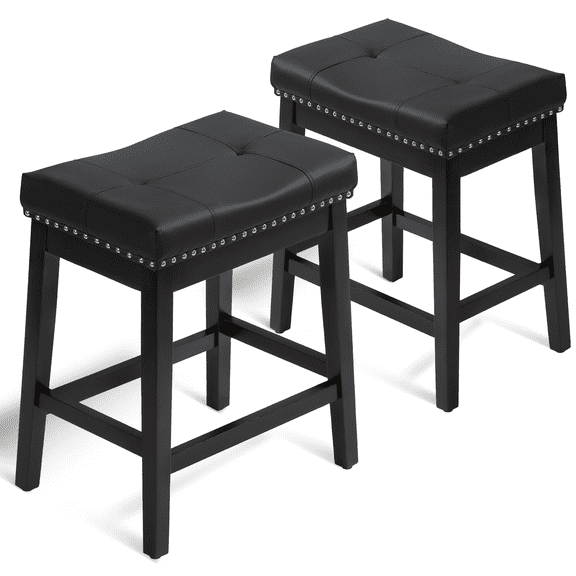 OSM 25" Counter Height Bar Stools Set of 2, Modern Backless Saddle Stools with Footrest, PU Leather Upholstered Seat for Kitchen, Bar, Black Coffee