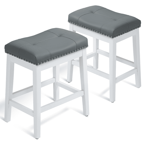 OSM 25" Counter Height Bar Stools Set of 2, Modern Backless Saddle Stools with Footrest, PU Leather Upholstered Seat for Kitchen, Bar, Gray White