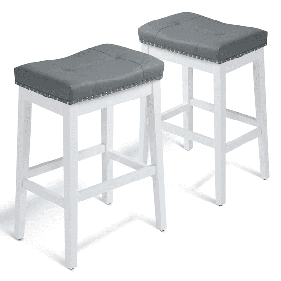 OSM 29.5" Counter Height Bar Stools Set of 2, Modern Backless Saddle Stools with Footrest, PU Leather Upholstered Seat for Kitchen, Bar, Gray White