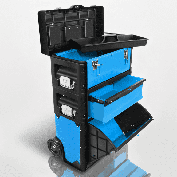 OSM 3-Tier Rolling Tool Box with Wheels, 19.5" Stackable Tool Chest Trolley, Steel & Plastic Portable Storage, Blue