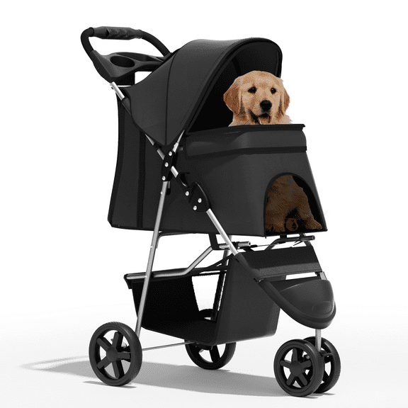 OSM 3-Wheel Foldable Pet Stroller, Lightweight Travel Jogger Carrier for Small & Medium Dogs & Cats up to 33lbs, with Breathable Mesh Cover, Cup Holder & Storage Basket, Black