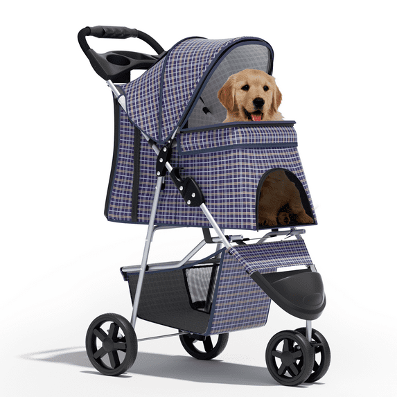 OSM 3-Wheel Foldable Pet Stroller, Lightweight Travel Jogger Carrier for Small & Medium Dogs & Cats up to 33lbs, with Breathable Mesh Cover, Cup Holder & Storage Basket, Chequer