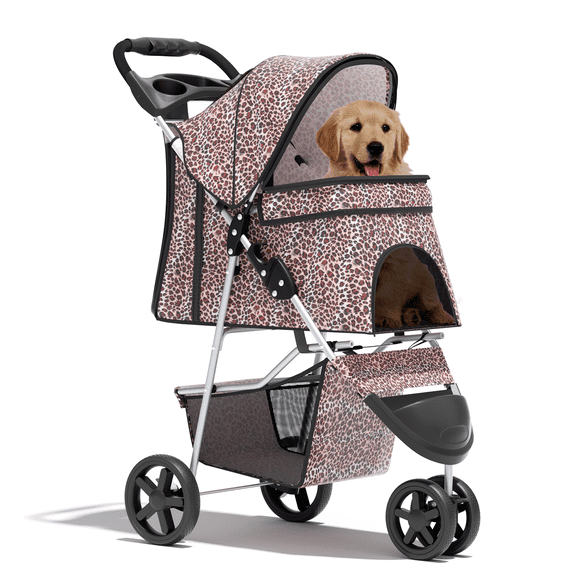 OSM 3-Wheel Foldable Pet Stroller, Lightweight Travel Jogger Carrier for Small & Medium Dogs & Cats up to 33lbs, with Breathable Mesh Cover, Cup Holder & Storage Basket, Leopard Print