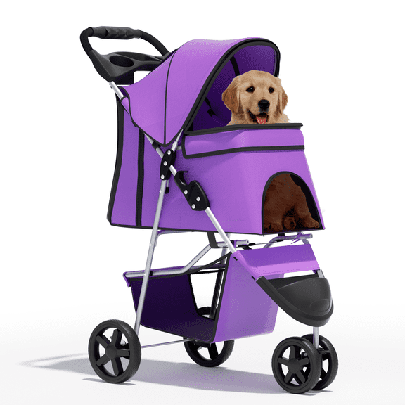 OSM 3-Wheel Foldable Pet Stroller, Lightweight Travel Jogger Carrier for Small & Medium Dogs & Cats up to 33lbs, with Breathable Mesh Cover, Cup Holder & Storage Basket, Purple