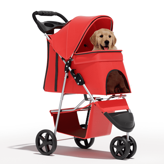 OSM 3-Wheel Foldable Pet Stroller, Lightweight Travel Jogger Carrier for Small & Medium Dogs & Cats up to 33lbs, with Breathable Mesh Cover, Cup Holder & Storage Basket, Red