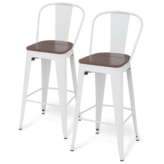 OSM 30.5" Bar Stools Set of 2, High Back Counter Height Stools with Wooden Seat and Metal Legs, Footrest, Farmhouse Style for Kitchen, Island, Bar, Dining Room, 330lbs Capacity, Matte White