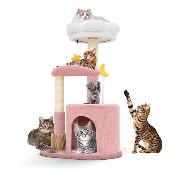 OSM 33-inch Floral Cat Tree for Indoor Cats, Compact Cat Tower with Scratching Posts, Cozy Condo, Flower Perch & Dangling Toys for Kittens & Small Cats, Pink