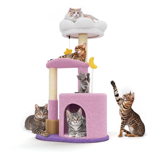 OSM 33-inch Floral Cat Tree for Indoor Cats, Compact Cat Tower with Scratching Posts, Cozy Condo, Flower Perch & Dangling Toys for Kittens & Small Cats, Purple