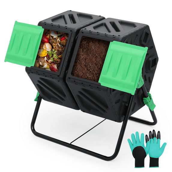 OSM 34 Gallon Dual Chamber Compost Tumbler – Outdoor All-Season BPA-Free Composter with 2 Sliding Doors, High Volume & Fast Working System