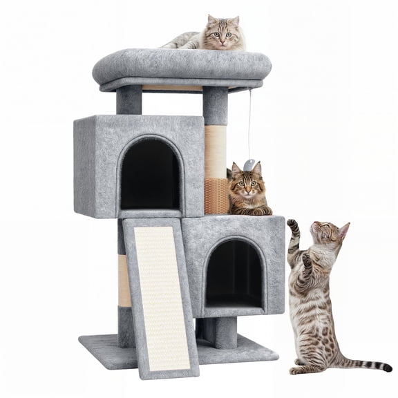 OSM 34" Multi-Level Cat Tree Tower with Extra Large Perch, 2 Condos, Sisal Scratching Posts & Ramp, Climbing Stand for Indoor Cats and Kittens, Light Grey