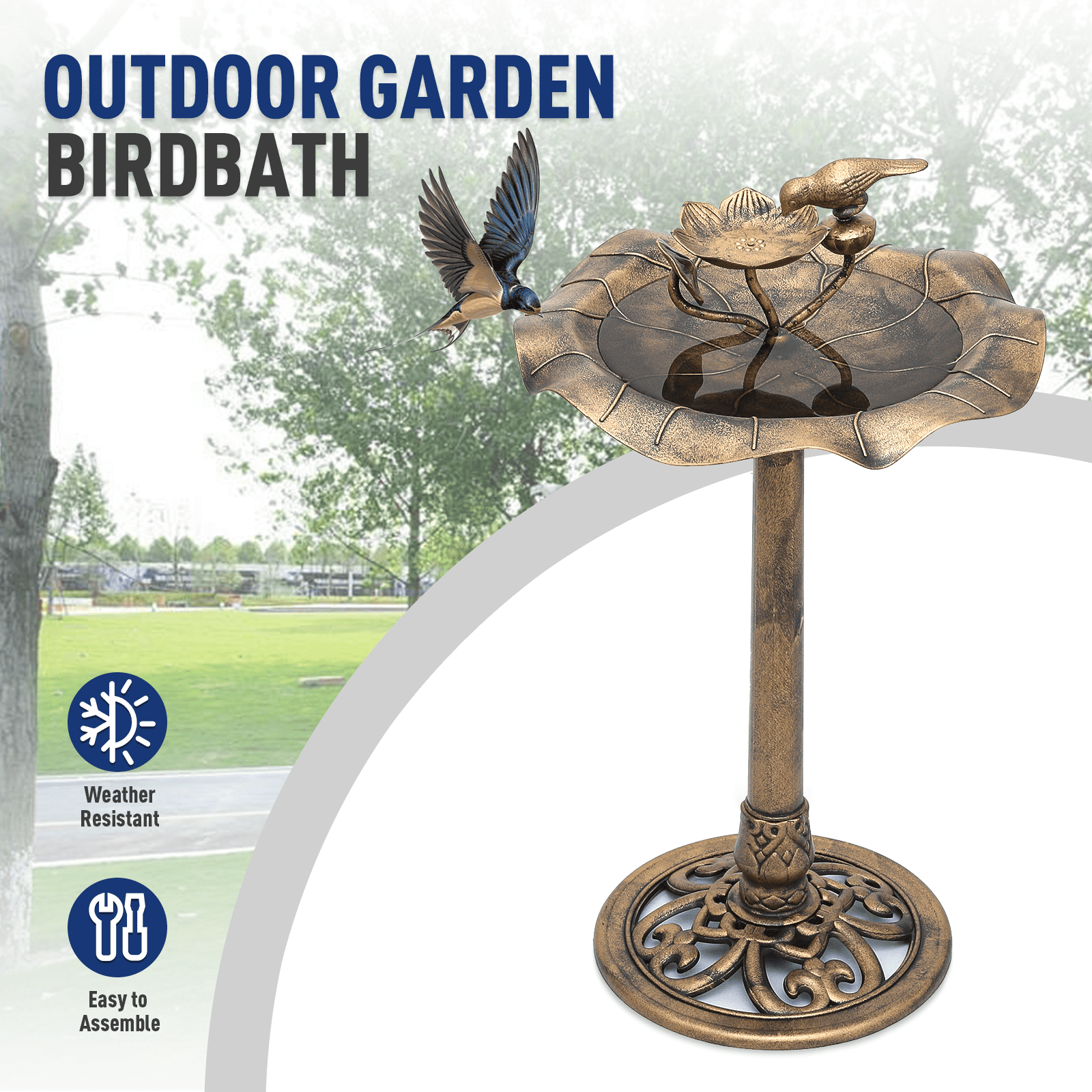 OSM 35" Outdoor Bird Bath and Feeder Set with Pedestal, Vintage Lotus Design, Weather-Resistant, 1.3-Gallon Water Capacity for Garden, Backyard, Patio, Bronze