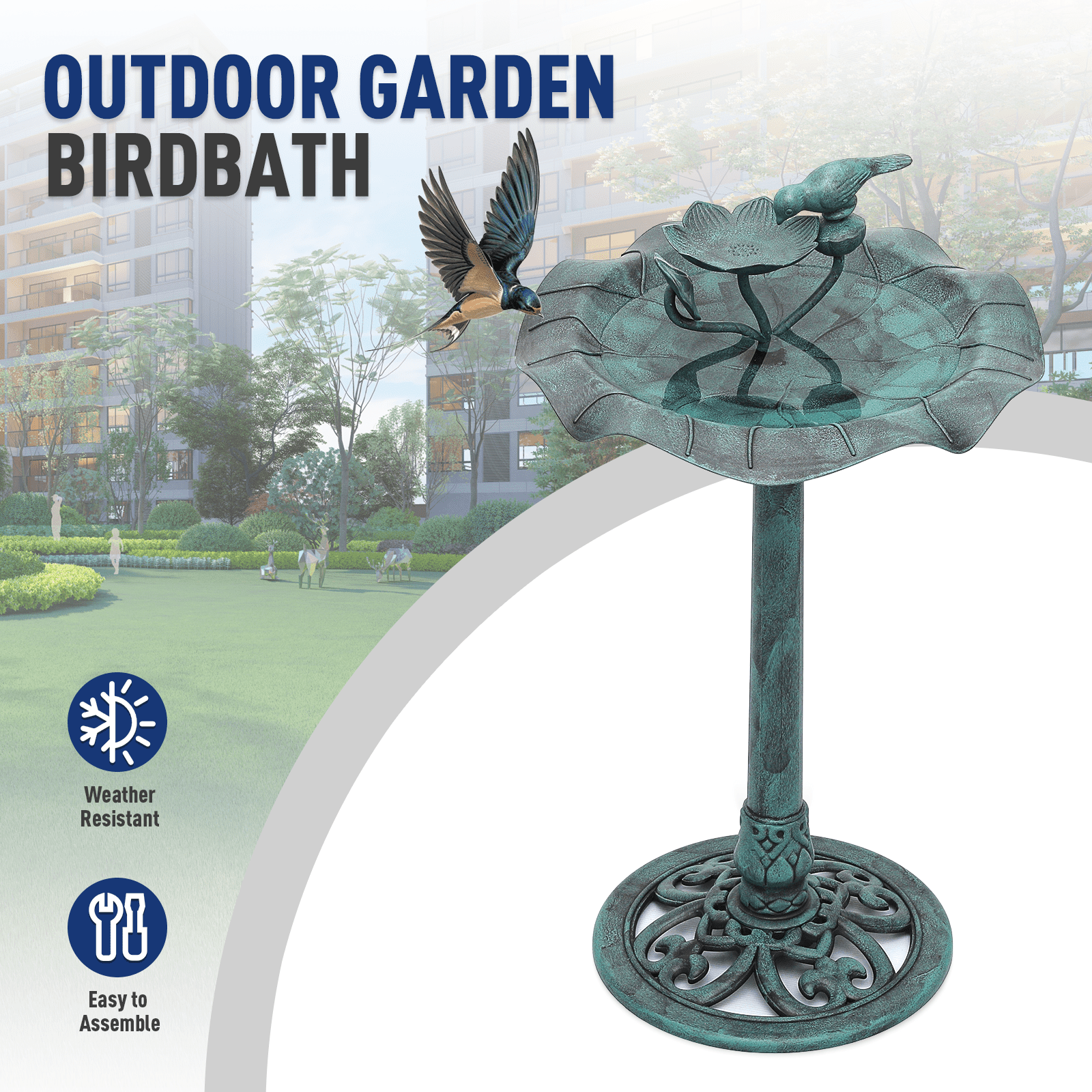 OSM 35" Outdoor Bird Bath and Feeder Set with Pedestal, Vintage Lotus Design, Weather-Resistant, 1.3-Gallon Water Capacity for Garden, Backyard, Patio, Grenn
