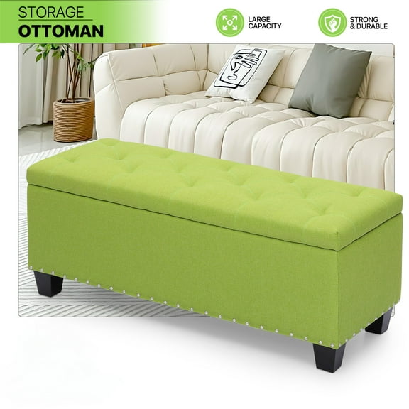OSM 42 Inch Long Storage Ottoman Bench, Linen Foot Stool Upholstered Foam Padded Rectangular Fabric Tufted Bench Footrest for Living Room Bedroom Entryway with 660 Lbs Capacity, Green
