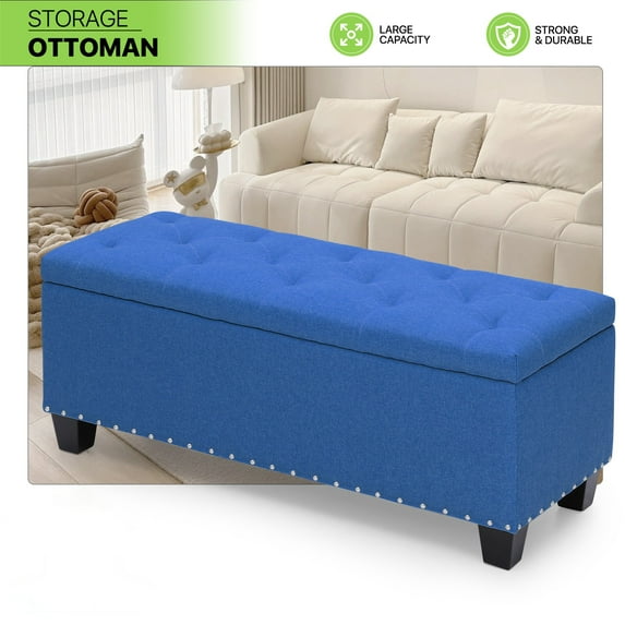 OSM 42 Inch Long Storage Ottoman Bench, Linen Foot Stool Upholstered Foam Padded Rectangular Fabric Tufted Bench Footrest for Living Room Bedroom Entryway with 660 Lbs Capacity, Navy Blue