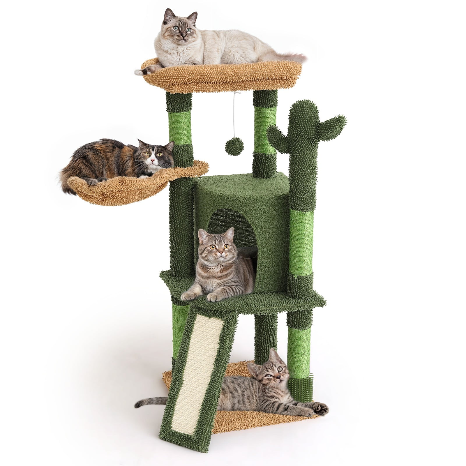 OSM 42-inch Cactus Cat Tree for Indoor Cats, Multi-Level Tower with Condo, Scratching Post, Ramp, Perch, Basket & Toys, Compact Climber for Kittens & Small Cats, Green