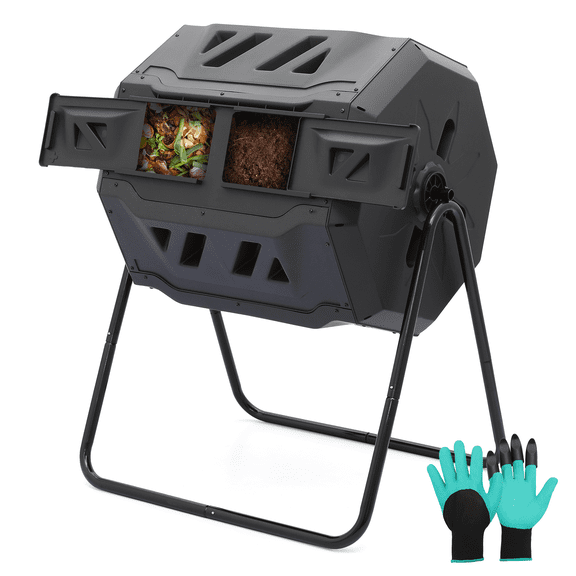 OSM 43 Gallon Dual Chamber Compost Tumbler, Outdoor High Volume Tumbling Compost Bin with Sliding Doors, All-Season Fast Working BPA Free Garden Composter