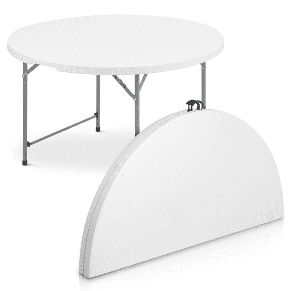 OSM 4Ft Round Folding Table, Indoor Outdoor Plastic Dining Card Table with Handle and Lock for Picnic Party Banquet Wedding, WHT