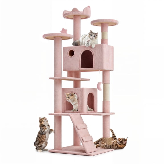 OSM 60-Inch Large Cat Tree Tower for Indoor Cats, Multi-Level Cat Condo with Scratching Posts, Perches, Sisal Board & Dangling Toys, Stable Cat Activity Center - Pink