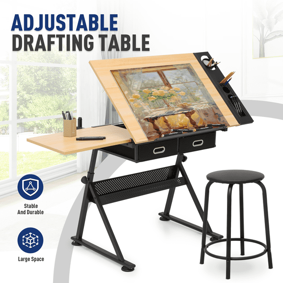 OSM Adjustable Drafting Table with Stool Set, Height & Angle Tilt Art Desk with Storage Drawers for Artists, Designers, Home Office, Natural & Black