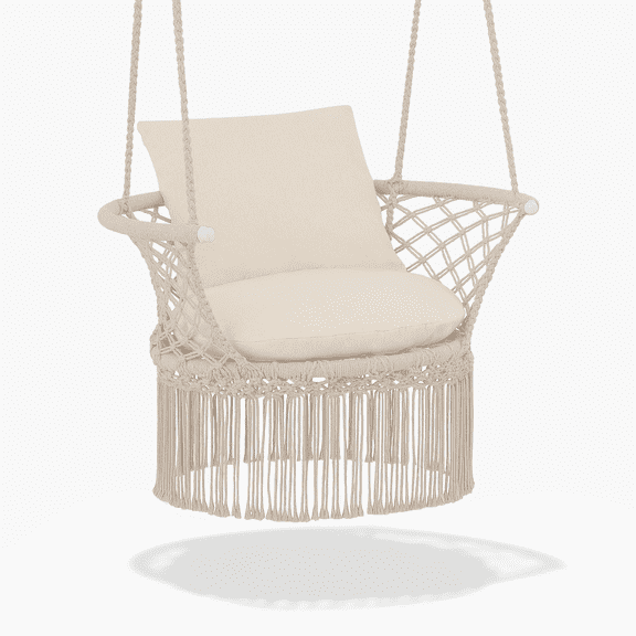 OSM Boho Macrame Hanging Chair with Cushions, Handwoven Cotton Swing Chair for Indoor and Outdoor Use, 350 lbs Capacity, Beige