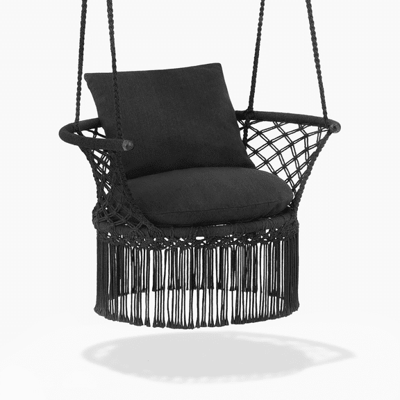 OSM Boho Macrame Hanging Chair with Cushions, Handwoven Cotton Swing Chair for Indoor and Outdoor Use, 350 lbs Capacity, Black