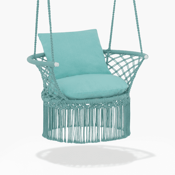 OSM Boho Macrame Hanging Chair with Cushions, Handwoven Cotton Swing Chair for Indoor and Outdoor Use, 350 lbs Capacity, Green