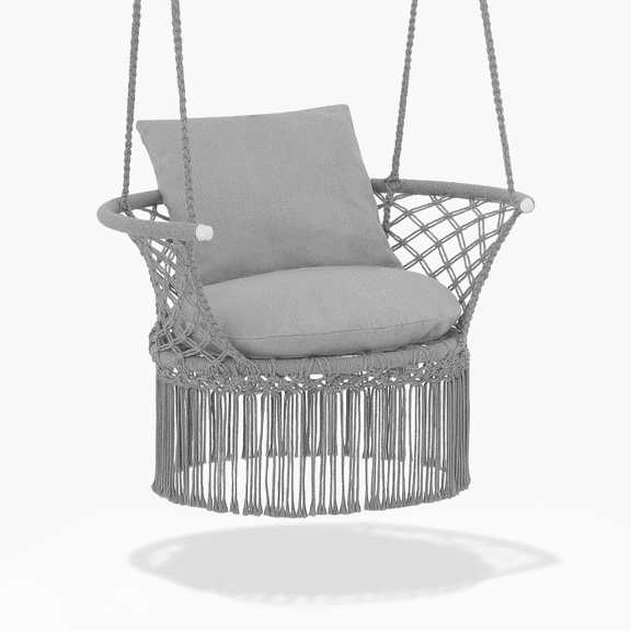 OSM Boho Macrame Hanging Chair with Cushions, Handwoven Cotton Swing Chair for Indoor and Outdoor Use, 350 lbs Capacity, Grey