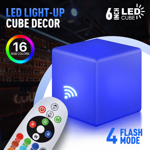 OSM Cordless LED Glow Cube Light - 6 Inch Battery-Powered Night Lamp with Remote Control, Waterproof Ambient Mood Lighting for Bedroom and Tabletop, 16 RGB Colors