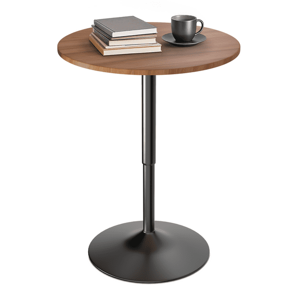 OSM Height Adjustable Bar Table 23.6 Inch Round, 360° Swivel Pub Table with Sturdy Metal Base, 27.5 to 36 Inch Counter Height Bistro Table for Kitchen, Living Room, Home Bar (Brown Wood)