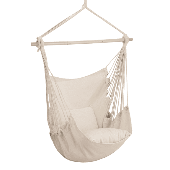 OSM Large Macrame Hanging Swing Chair with Pocket & 2 Pillows, 350 lbs Capacity for Indoor and Outdoor, Beige