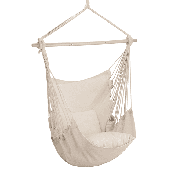 OSM Large Macrame Hanging Swing Chair with Pocket & 2 Pillows, 350 lbs Capacity for Indoor and Outdoor, Beige