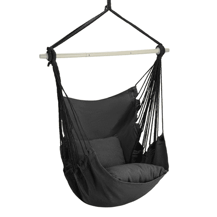 OSM Large Macrame Hanging Swing Chair with Pocket & 2 Pillows, 350 lbs Capacity for Indoor and Outdoor, Black