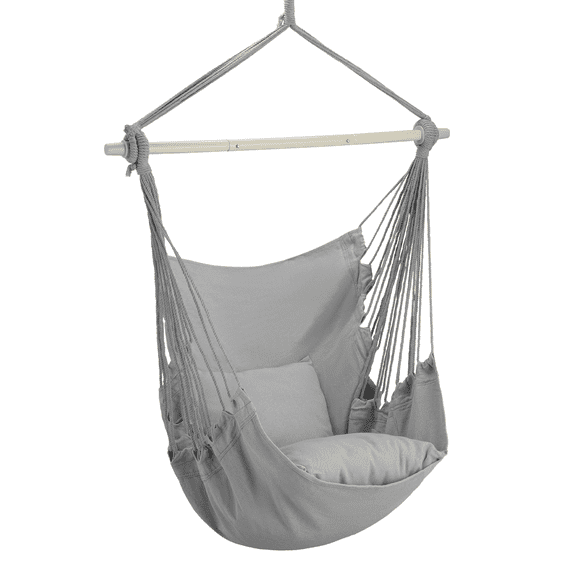 OSM Large Macrame Hanging Swing Chair with Pocket & 2 Pillows, 350 lbs Capacity for Indoor and Outdoor, Grey