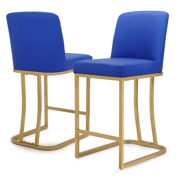 OSM Modern Counter-Height Bar Stools, Set of 2, PU Leather with Gold Metal Frame & Back Support, Navy Blue