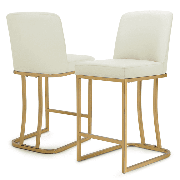 OSM Modern Counter Height Bar Stools Set of 2, PU Leather Upholstered Barstools with Back Support and Gold Metal Frame for Kitchen Island, Bar, Dining Room, White Cream