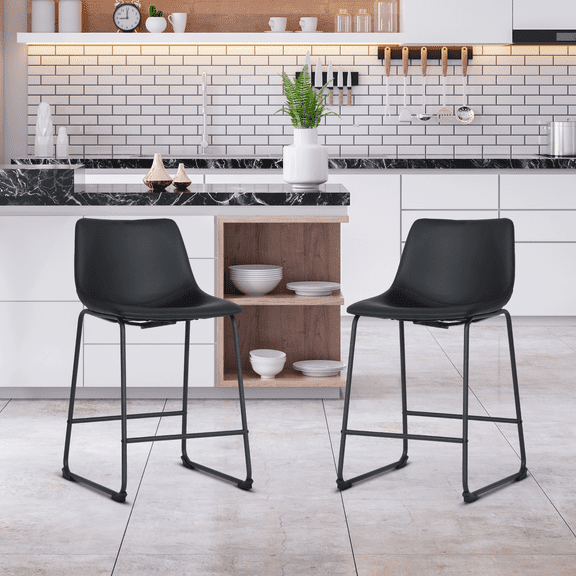 OSM Modern Counter Height Bar Stools, Set of 2 with Sturdy Metal Legs, PU Leather Seat and Footrest, Armless Kitchen Island Stools for Dining & Home Bar, Black