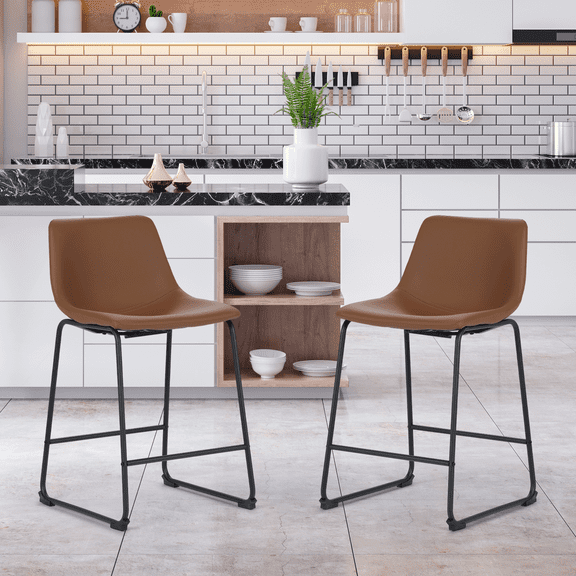 OSM Modern Counter Height Bar Stools, Set of 2 with Sturdy Metal Legs, PU Leather Seat and Footrest, Armless Kitchen Island Stools for Dining & Home Bar, Brown