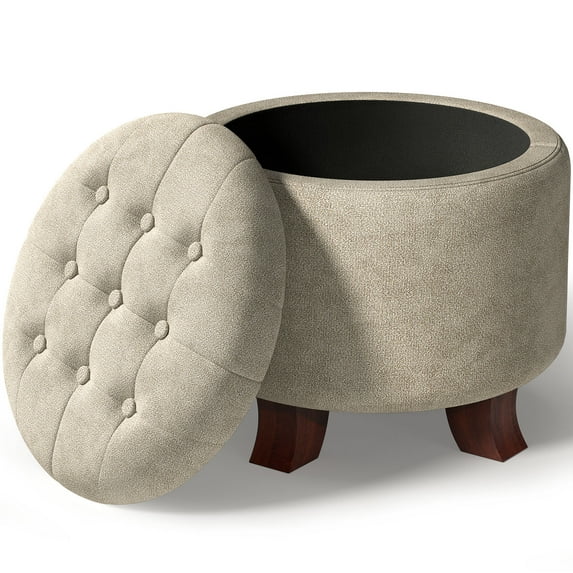 OSM Ottoman,Round Foot Rest Stool, Upholstered Small Ottoman Chair with Storage for Living Room & Bedroom, Decorative Home Furniture, Greige&Black