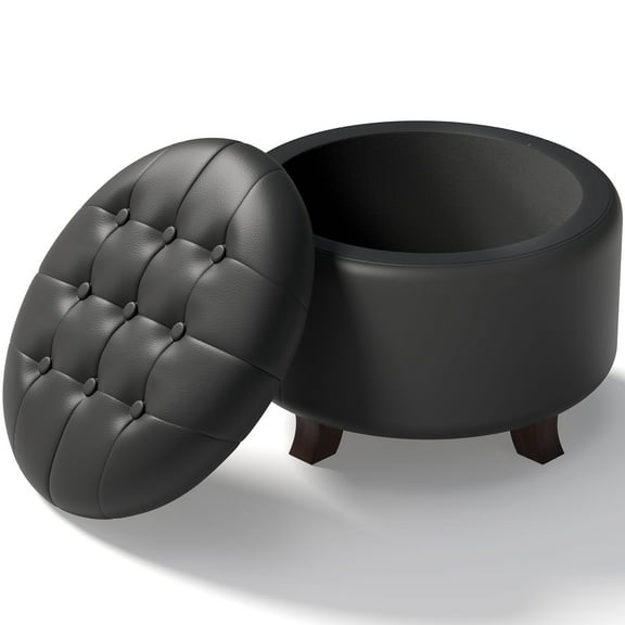 OSM Ottoman,Round Leather Foot Rest Stool, Upholstered Large Ottoman Chair with Storage for Living Room & Bedroom, Decorative Home Furniture, Black